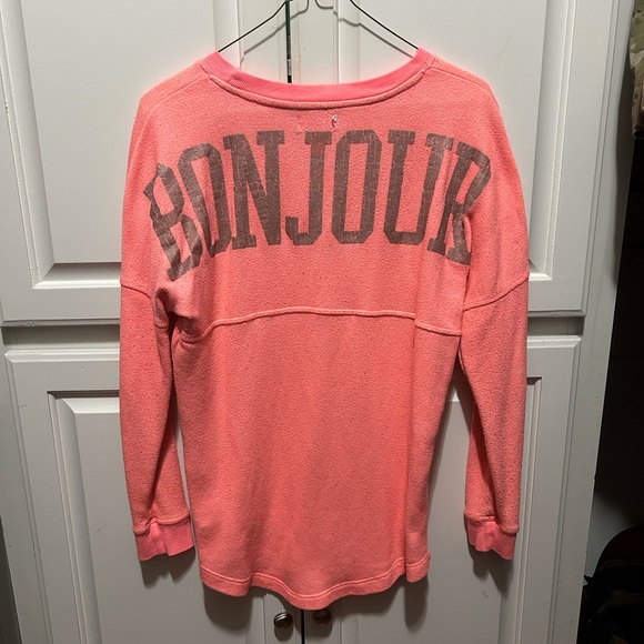 Pink long sleeve sweater. Frenchie dog on front. “BONJOUR” on back. - Picture 3 of 3